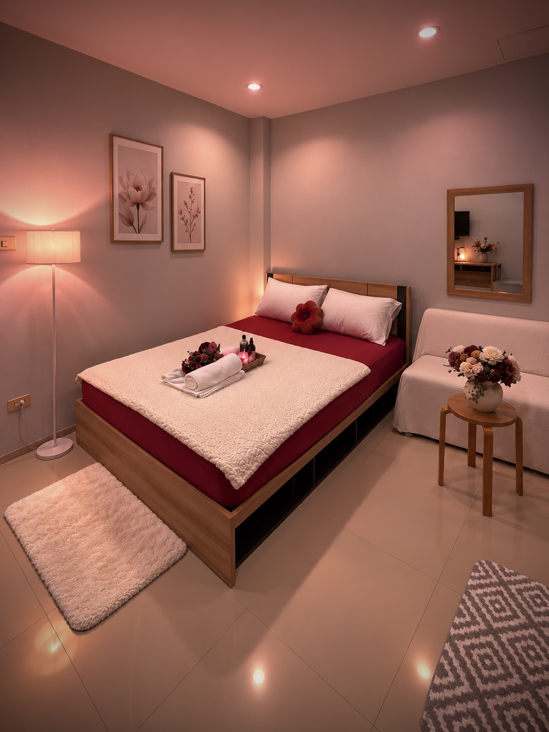 Warmly lit MonViman incall massage room with a prepared bed, folded towels and flowers